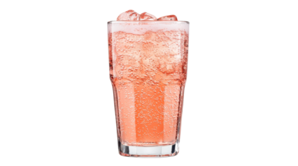 Refreshing pink beverage in a clear glass filled with ice and bubbles. transparent background