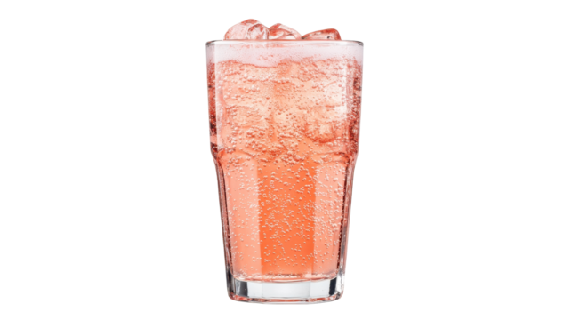 Refreshing pink beverage in a clear glass filled with ice and bubbles. transparent background