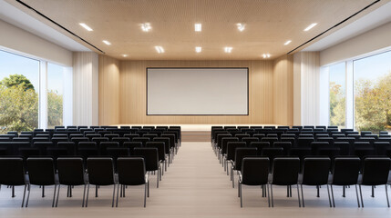 Modern auditorium with rows of black chairs and large screen