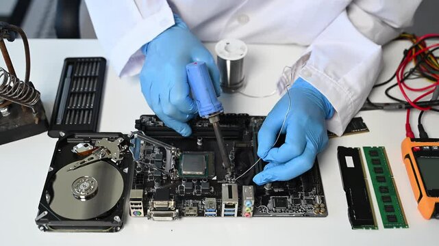 The technician repairing the motherboard in the lab with copy space. the concept