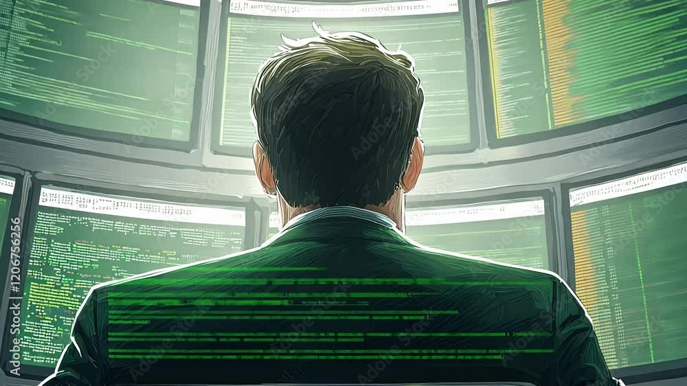 Poster a person sits before multiple screens displaying green code, a high-tech, digital environment