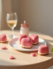 Delicious Pink Heart Shaped Mousse Cakes on a Table with Wine
