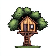 A charming, illustrated treehouse with a wooden structure, nestled among lush green leaves, evoking nostalgia and imagination.