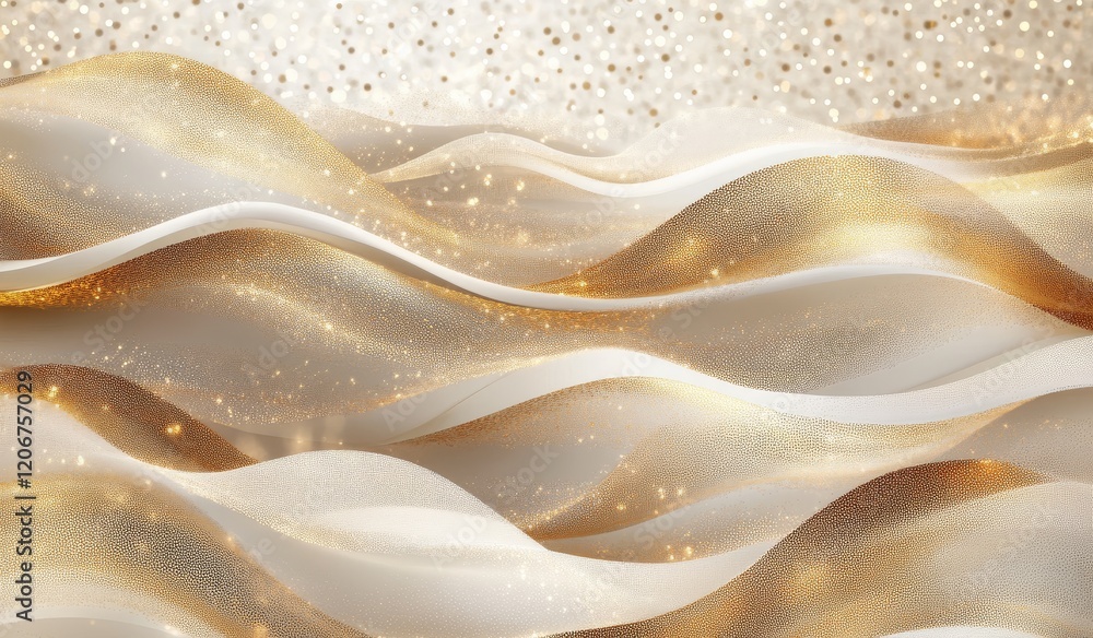 Poster abstract gold and white fabric waves with sparkling glitter.