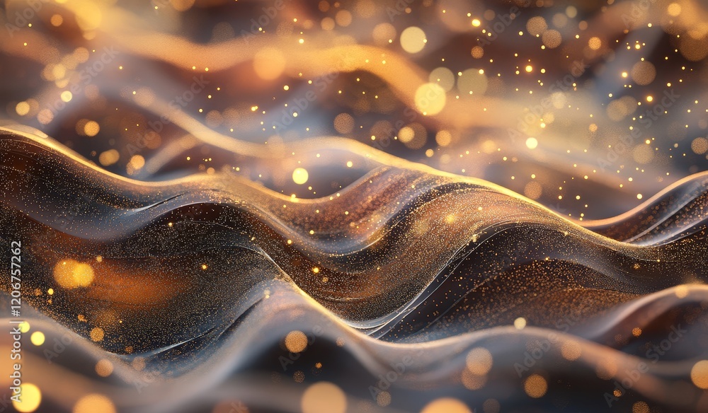 Poster abstract golden waves with bokeh lights.