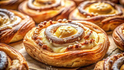 Fototapeta premium Delicious danish pastry with creamy filling and nuts, perfect for refreshment