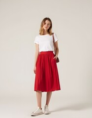 Stylish Woman in Red Pleated Midi Skirt and White T Shirt Casual Summer Fashion