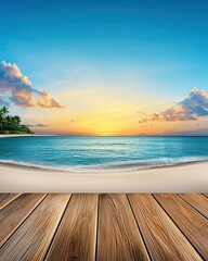 Fototapeta premium A serene beach scene featuring soft waves, sandy shore, and a vibrant sunset sky above a wooden deck. background gentle shades comfort concept