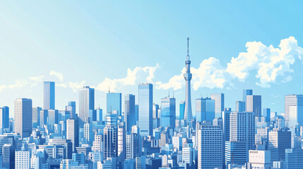 Modern skyline of Tokyo under a clear blue sky featuring iconic structures and skyscrapers