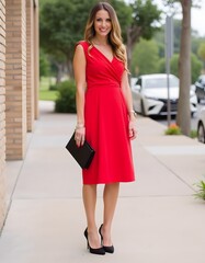 Obraz premium Elegant Woman in Red Midi Dress Stylish City Street Fashion