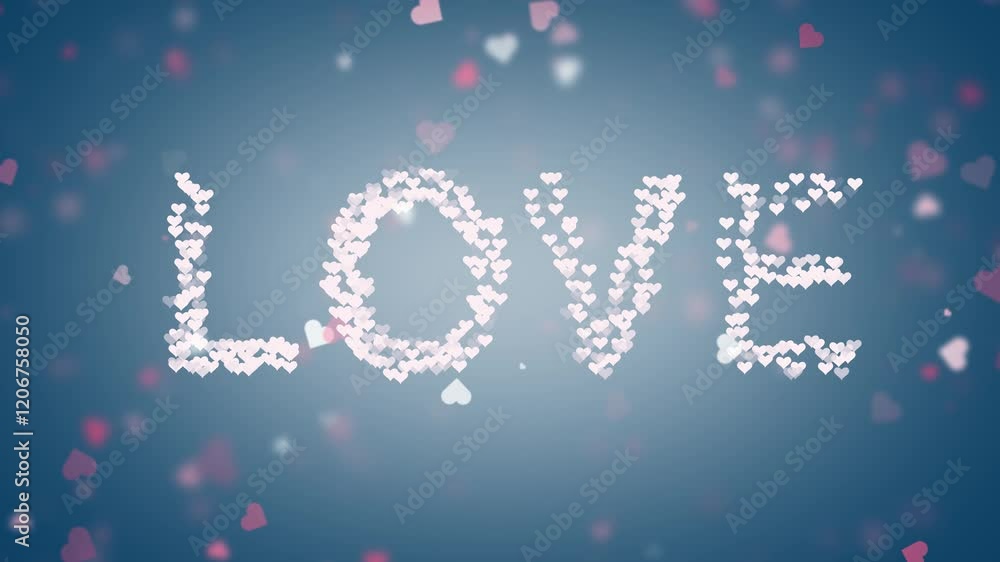 Poster love text hearts pattern with heart shapes loop background.