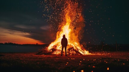 Silhouette of a person standing near a large bonfire at dusk, sparks flying into the night sky.