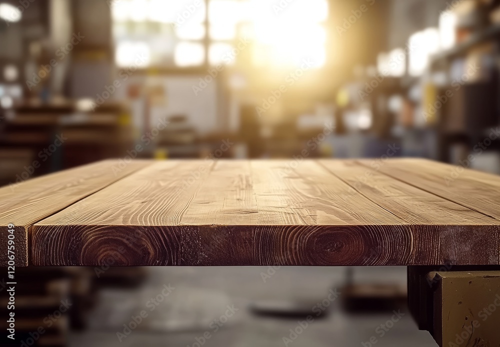 Poster rustic wooden table in blurry workshop background.