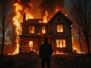 Man Silhouetted Against Burning House at Night