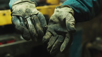 A pair of dirty work gloves held open, suggesting manual labor or repair work.