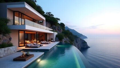 Obraz premium Stunning Modern Cliffside Villa with Infinity Pool and Ocean View at Sunset