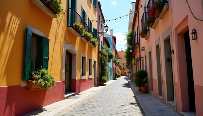 Colorful European Street Scene Cobblestone Road Vibrant Buildings Sunny Day Architecture