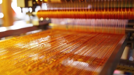 Close-up of a textile machine weaving vibrant orange threads.