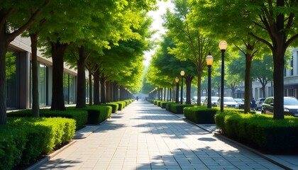 Obraz premium Serene City Walkway Lush Green Trees Modern Buildings Sunny Day