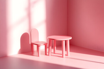 Minimalist pink interior featuring a small round table and chair with soft shadows and sunlight