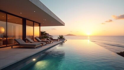 Obraz premium Luxurious Oceanfront Villa Sunset View Infinity Pool Modern Design