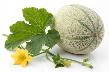 Winter melon fruit with leaf and flower isolated on white background
