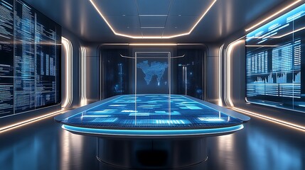 Futuristic Conference Room with Interactive Table and Data Screens