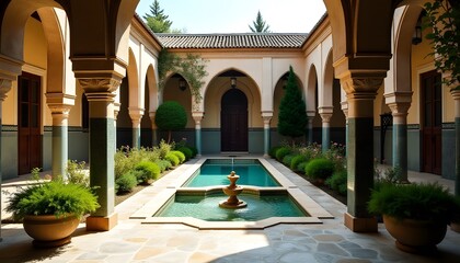 Serene Courtyard with Pool Fountain and Moorish Architecture