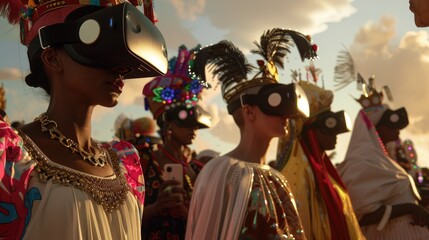 Participants in colorful attire wearing VR headsets during a vibrant celebration.