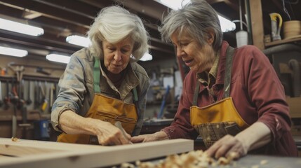 Two elderly women collaborate on woodworking in a cozy workshop filled with tools.