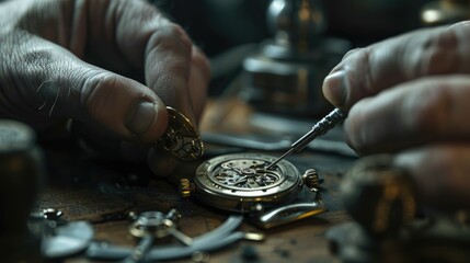 Hands meticulously repairing a vintage pocket watch surrounded by tools and watch parts.