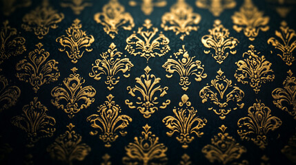 Elegant golden damask pattern on a dark background creates a luxurious ambiance
