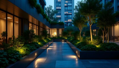 Serene Evening Courtyard Modern Building Exterior with Lush Greenery and Warm Lighting