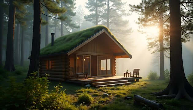 Secluded Log Cabin with Green Roof in Misty Forest Sunrise