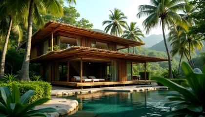 Fototapeta premium Luxurious Tropical Bamboo Villa with Infinity Pool Lush Greenery and Mountain Views