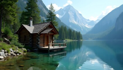 Fototapeta premium Secluded Lakeside Log Cabin in Mountain Scenery Stunning Nature View