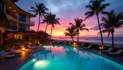 Tropical Resort Pool at Sunset Ocean View Palm Trees Luxury Vacation