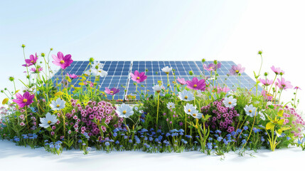 Green energy home concept solar panels blooming flowers sustainable eco-friendly design business ads blogs awareness campaigns