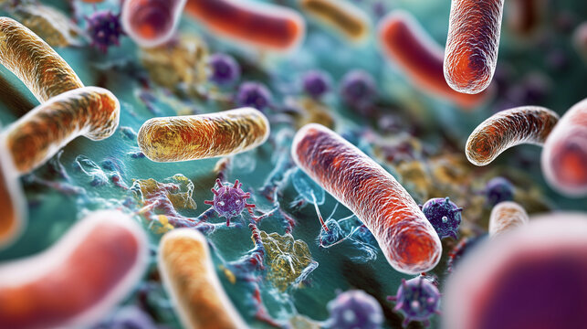 Macro close-up of colorful bacteria colonies and virus cells under a microscope in a scientific petri dish
