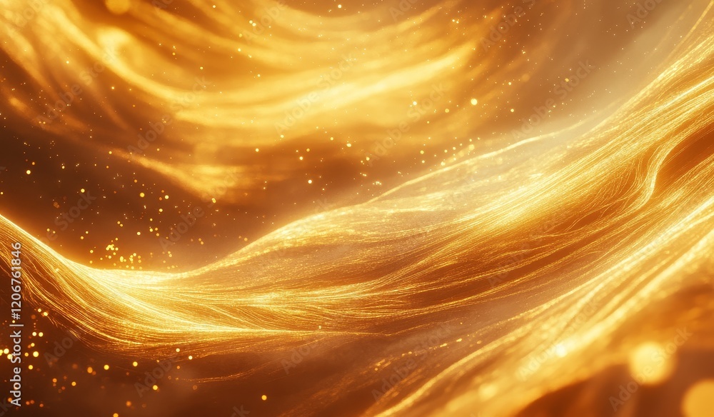 Poster abstract golden waves with glittering particles.