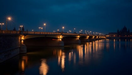 Illuminated Bridge at Night Cityscape Reflection Tranquil River Scene