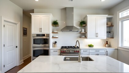 Modern White Kitchen Interior Design with Stainless Steel Appliances and Quartz Countertops