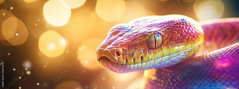 Poster close-up of a vibrant snake coiling against a dreamy bokeh background that highlights its colorful s