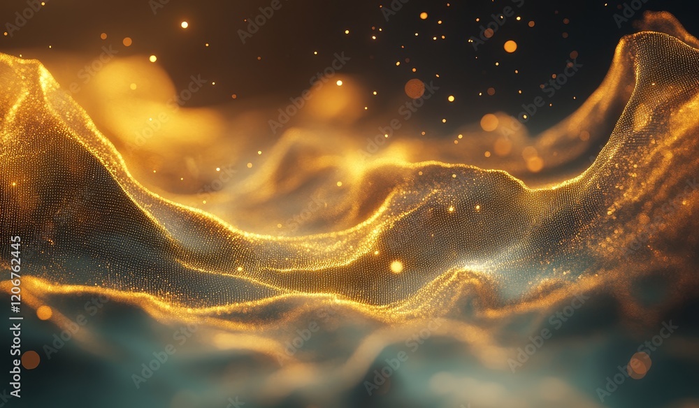 Poster Golden abstract waves with particles.