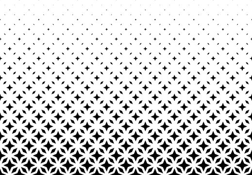 Geometric pattern of black stars and rhombs on a white background.Seamless in one direction. Option with a Short fade out.The Scale transformation method.