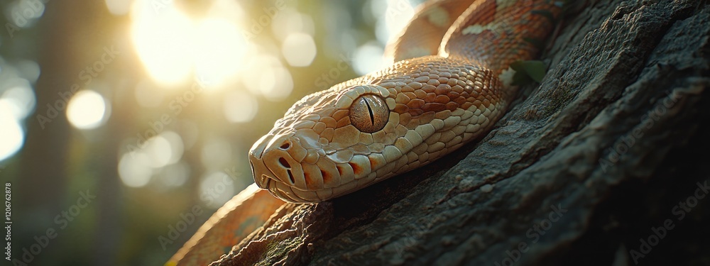Poster a close-up view of a snake resting on a tree branch in a sunlit forest, showcasing intricate scales 