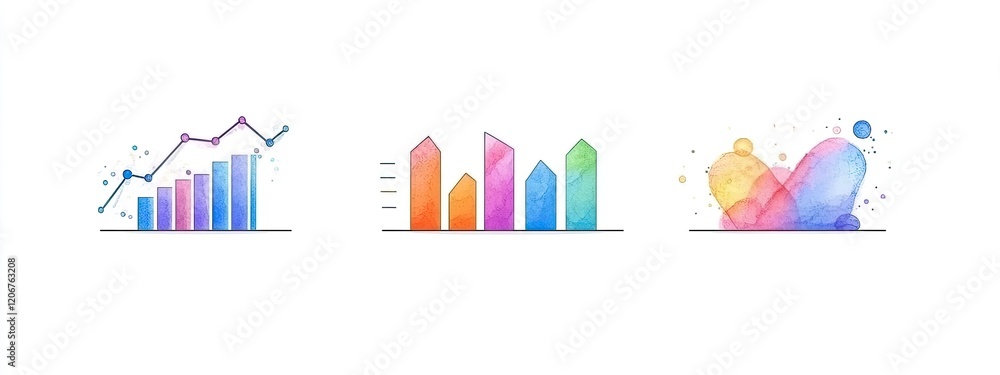 Poster colorful watercolor style graphs depicting various data trends with artistic splashes and abstract s