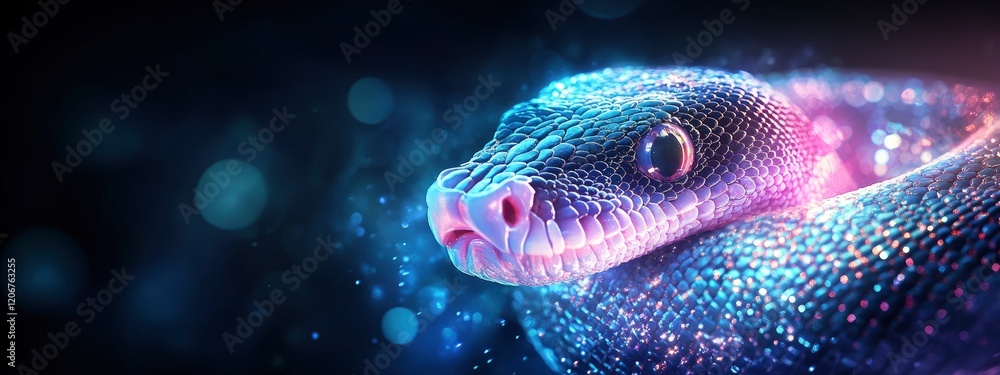 Poster close-up of a colorful, shimmering snake with iridescent scales, set against a bokeh background that