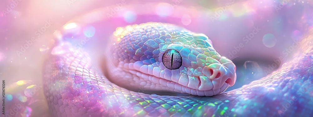 Poster a close-up of a mesmerizing and iridescent snake curled in a dreamy, colorful ambiance, showcasing i