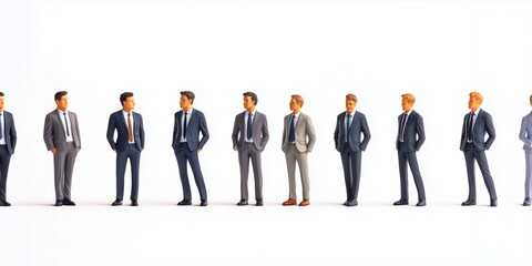 A row of miniature figurines of small men in business suits. Isolated on white background.